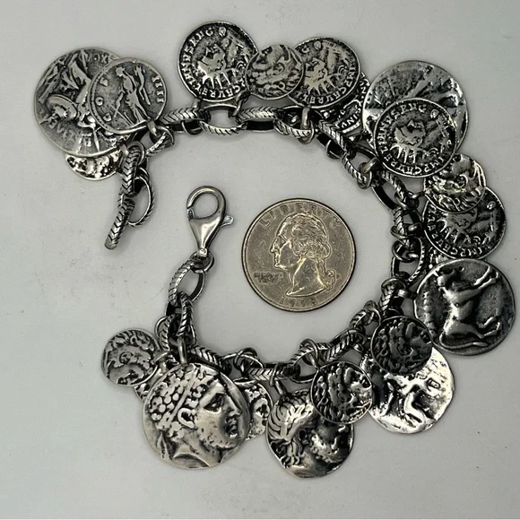 SILPADA Sterling Silver Oxidized Roman Coin Cha Cha Charm Bracelet B1624